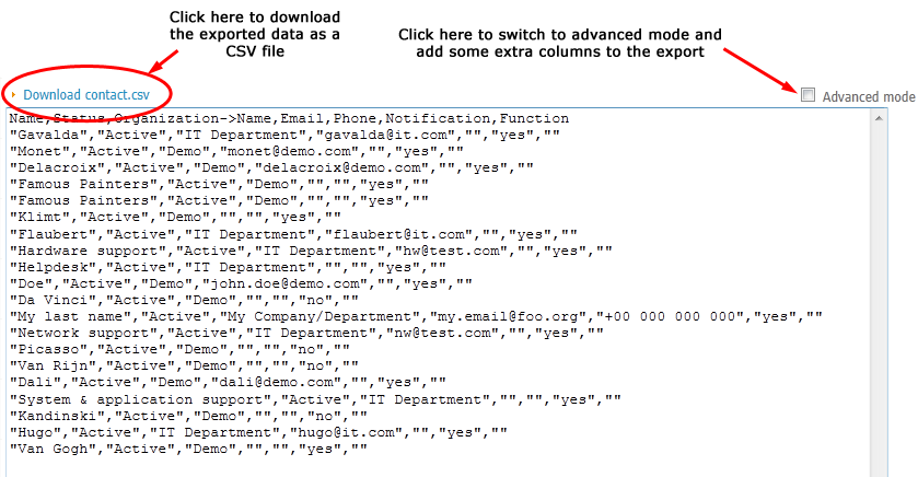 Interactive CSV export