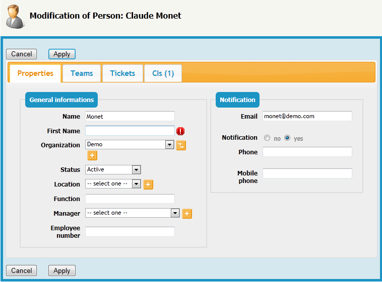 Form for modifying an Person