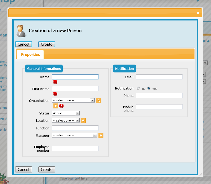 New Person Popup Dialog