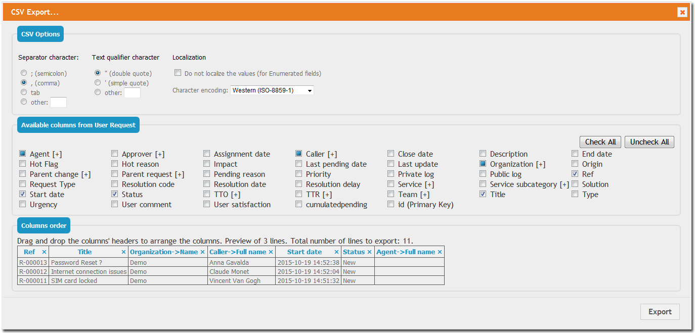 Interactive CSV export