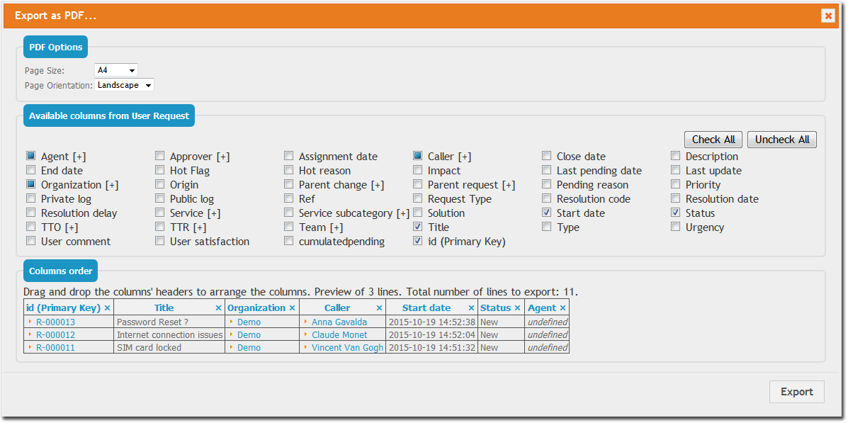  "Export as PDF..." configuration dialog 