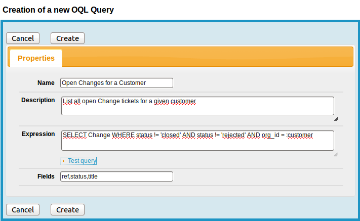 Form to create a new Query