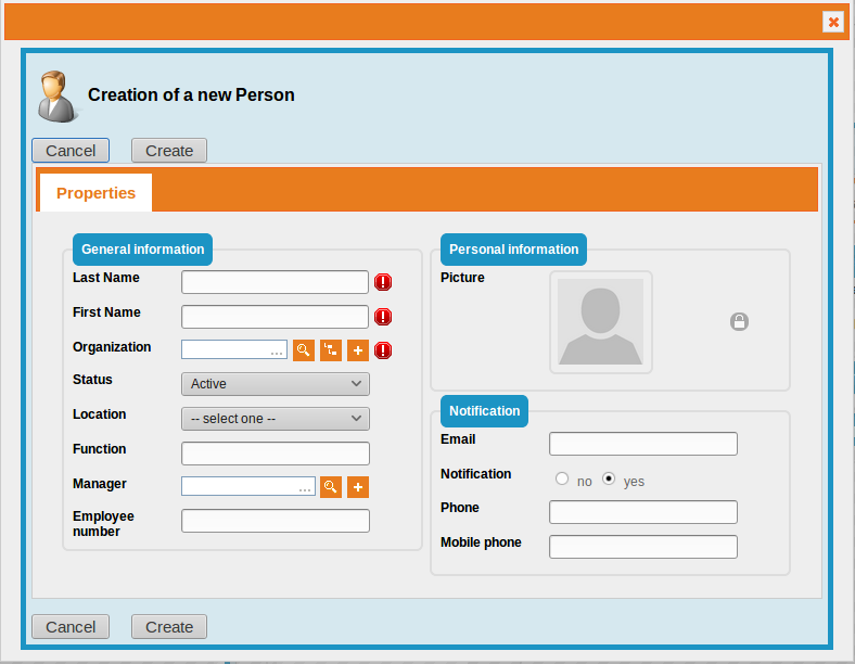 New Person Popup Dialog
