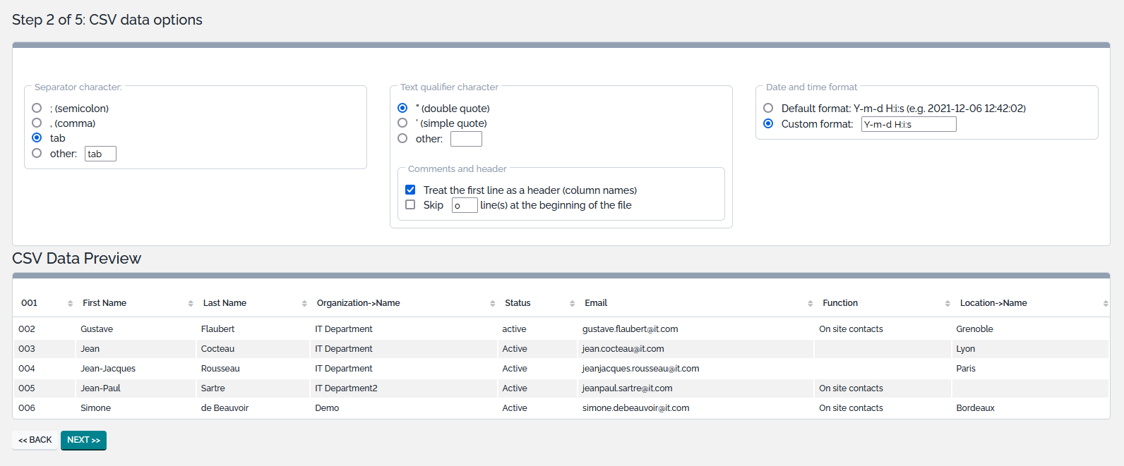 CSV Import Step 2