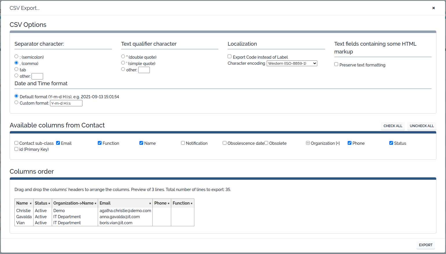 Interactive CSV export