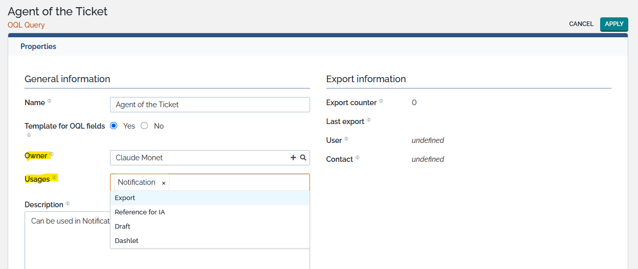 OQL Query edition screen