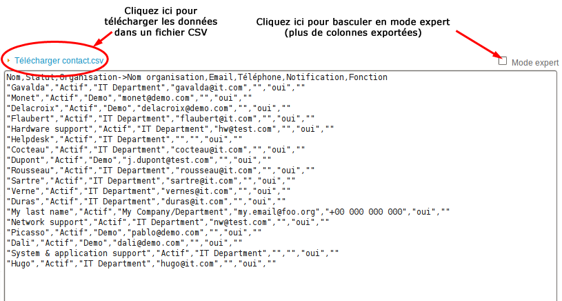 Export CSV interactif