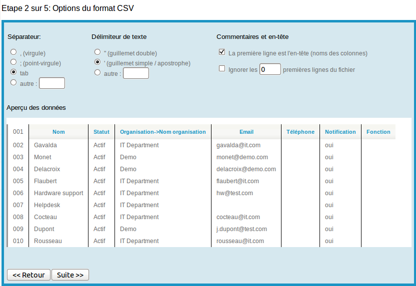 Import CSV Import, étape 2