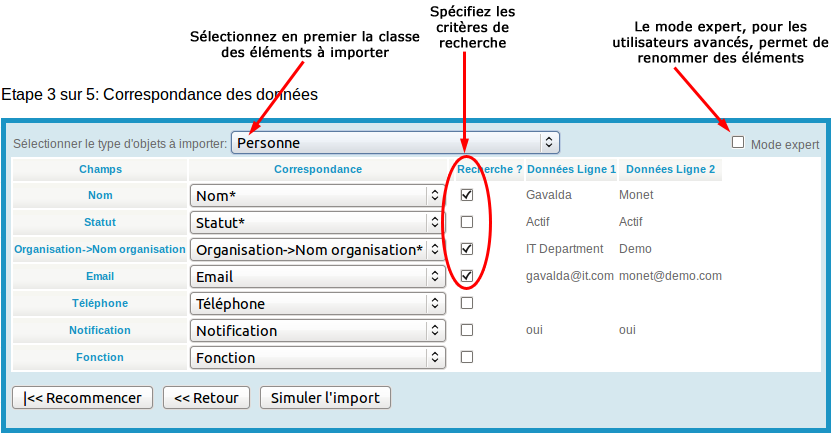 Correspondance des données