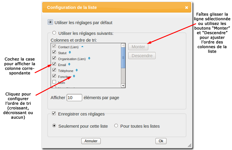 Configuration d'une liste