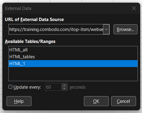 External data window with table choices