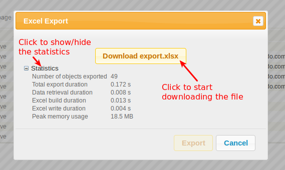 Excel export statistics