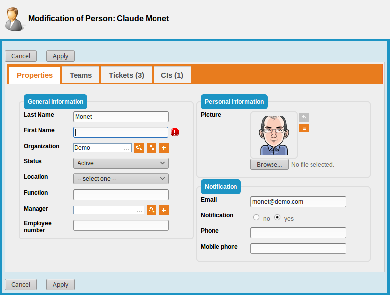 Form for modifying an Person