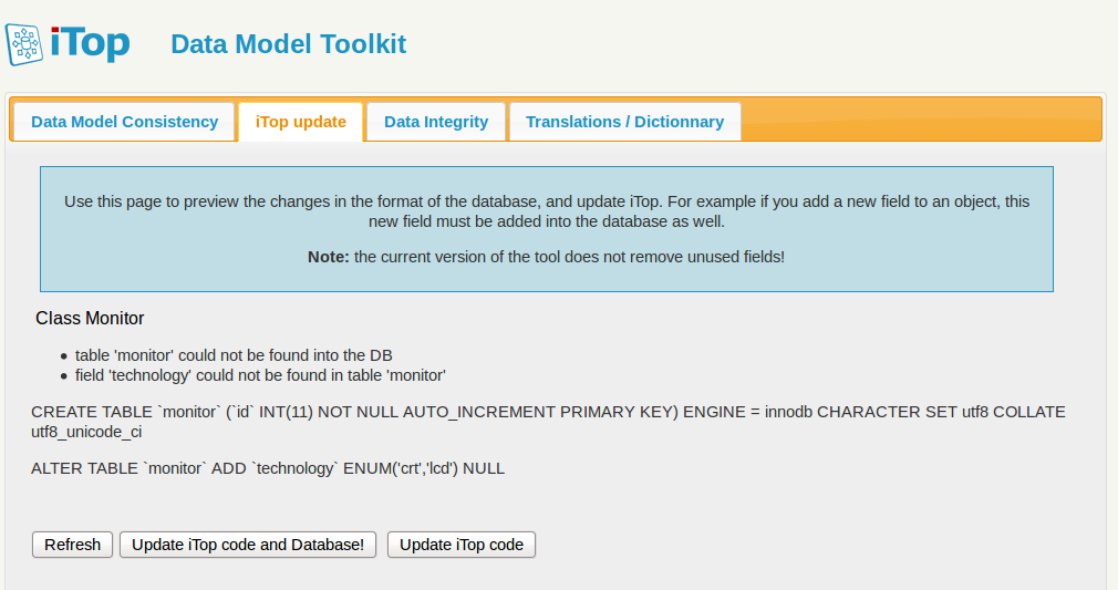 Updating the database schema with the toolkit