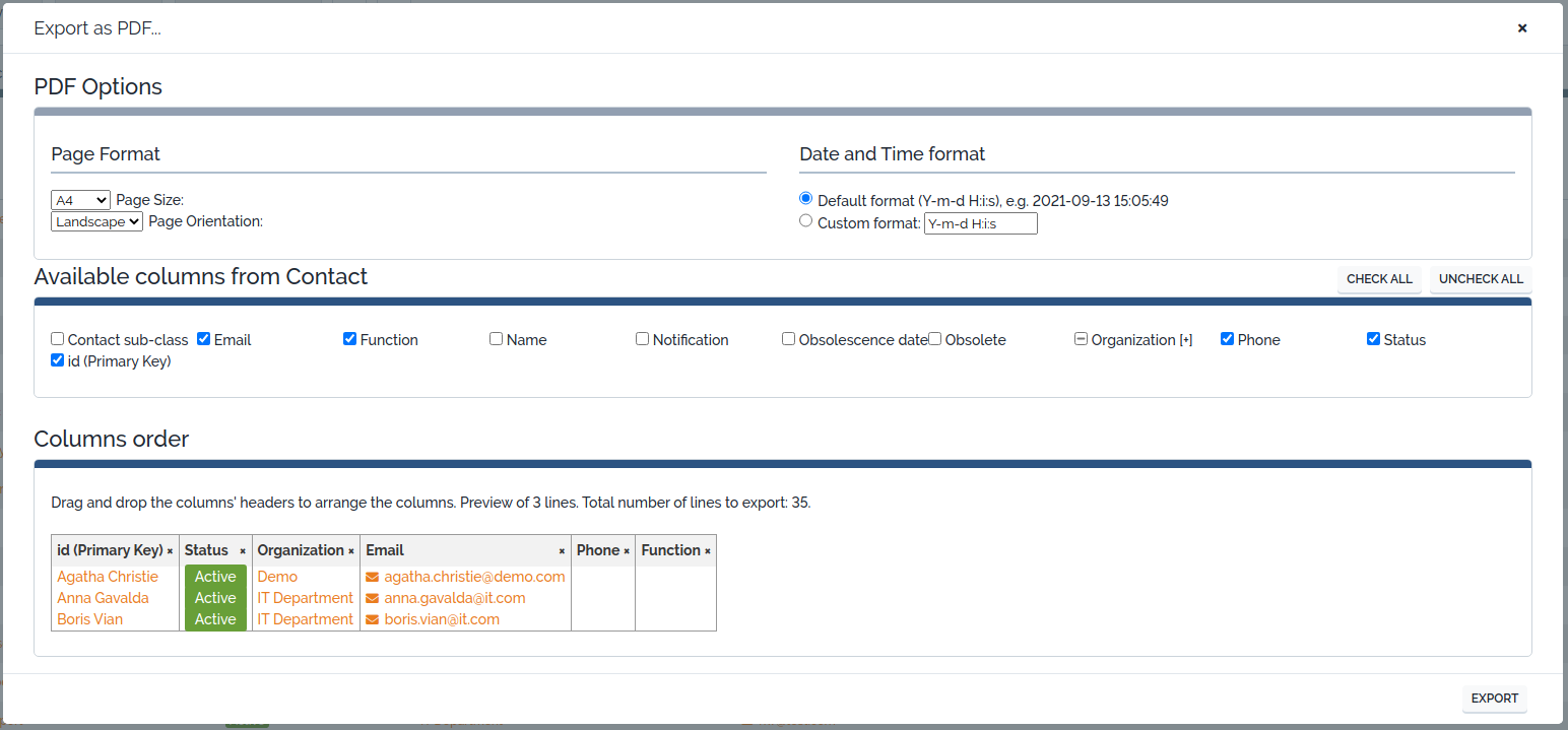 "Export as PDF..." configuration dialog "Export as PDF..." configuration dialog